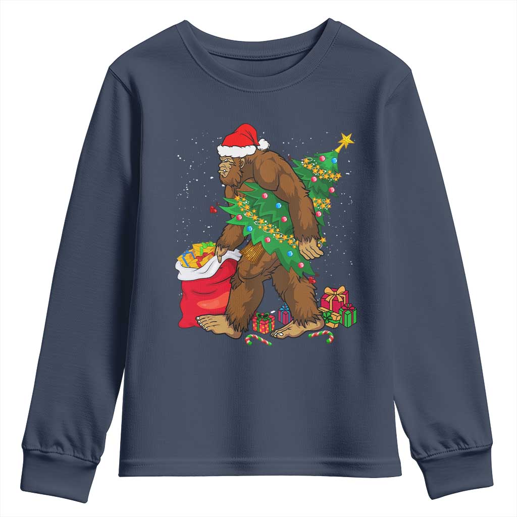 Bigfoot Christmas Youth Sweatshirt Believe Sasquatch Lovers Xmas Tree Lights TS10 Navy Print Your Wear