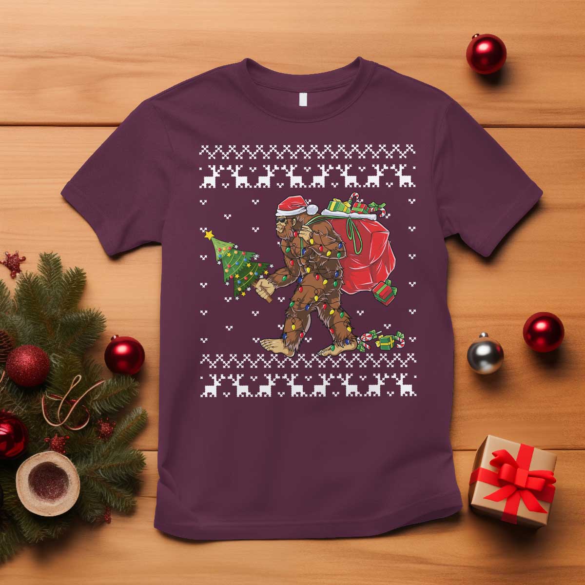 Funny Bigfoot Christmas T Shirt Believe Bigfoot Santa Hat Sasquatch Loves Rock On TS10 Maroon Print Your Wear