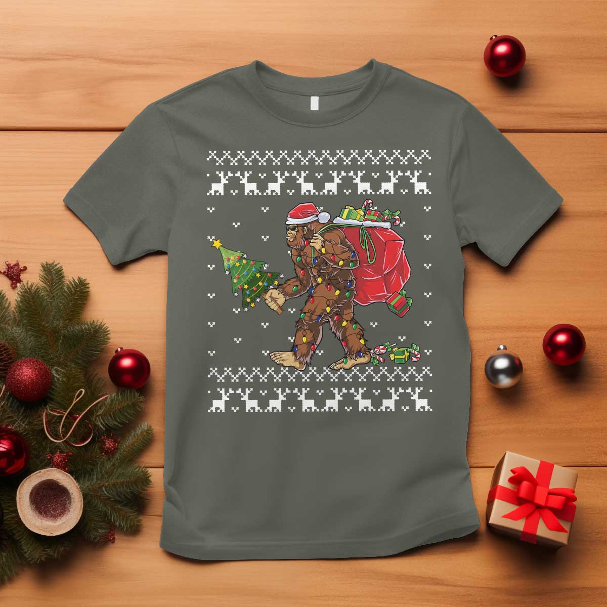 Funny Bigfoot Christmas T Shirt Believe Bigfoot Santa Hat Sasquatch Loves Rock On TS10 Military Green Print Your Wear