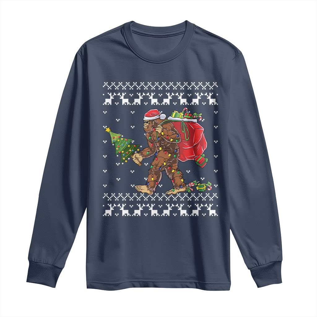Funny Bigfoot Christmas Long Sleeve Shirt Believe Bigfoot Santa Hat Sasquatch Loves Rock On TS10 Navy Print Your Wear