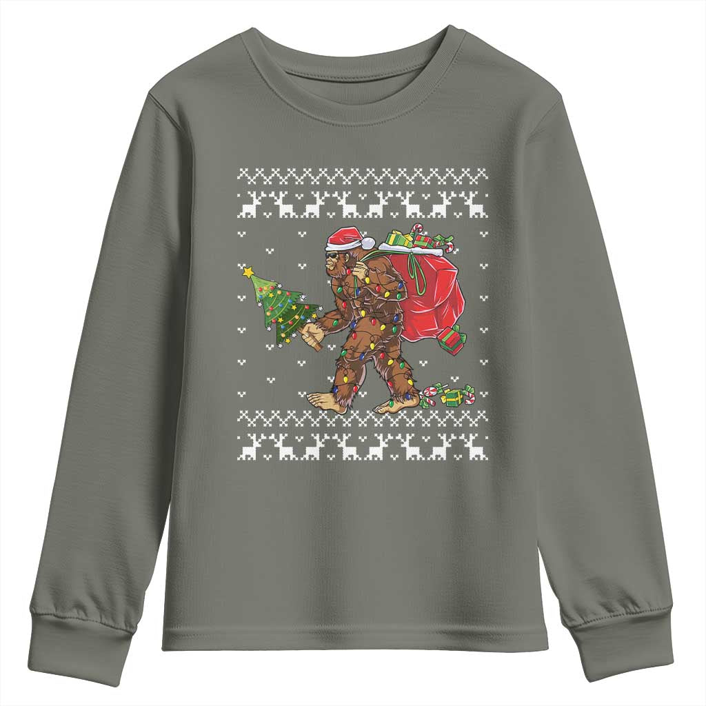 Funny Bigfoot Christmas Youth Sweatshirt Believe Bigfoot Santa Hat Sasquatch Loves Rock On TS10 Military Green Print Your Wear