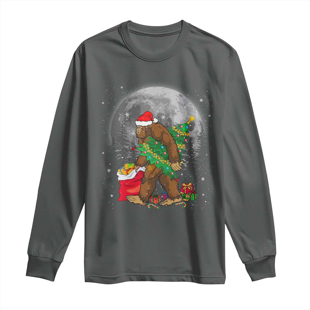 Bigfoot Christmas Tree Lights Long Sleeve Shirt Believe Xmas Sasquatch Lovers Ugly Gift TS10 Dark Heather Print Your Wear