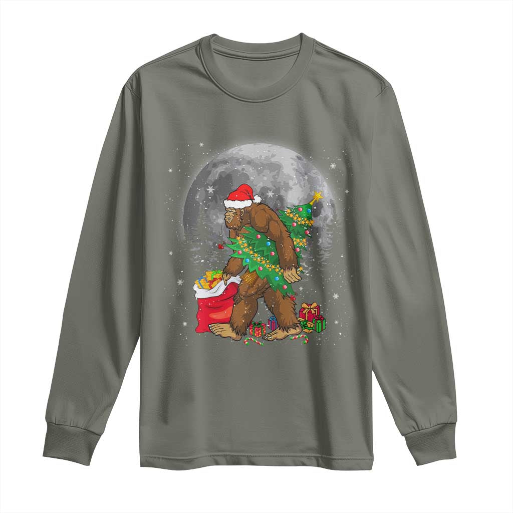 Bigfoot Christmas Tree Lights Long Sleeve Shirt Believe Xmas Sasquatch Lovers Ugly Gift TS10 Military Green Print Your Wear