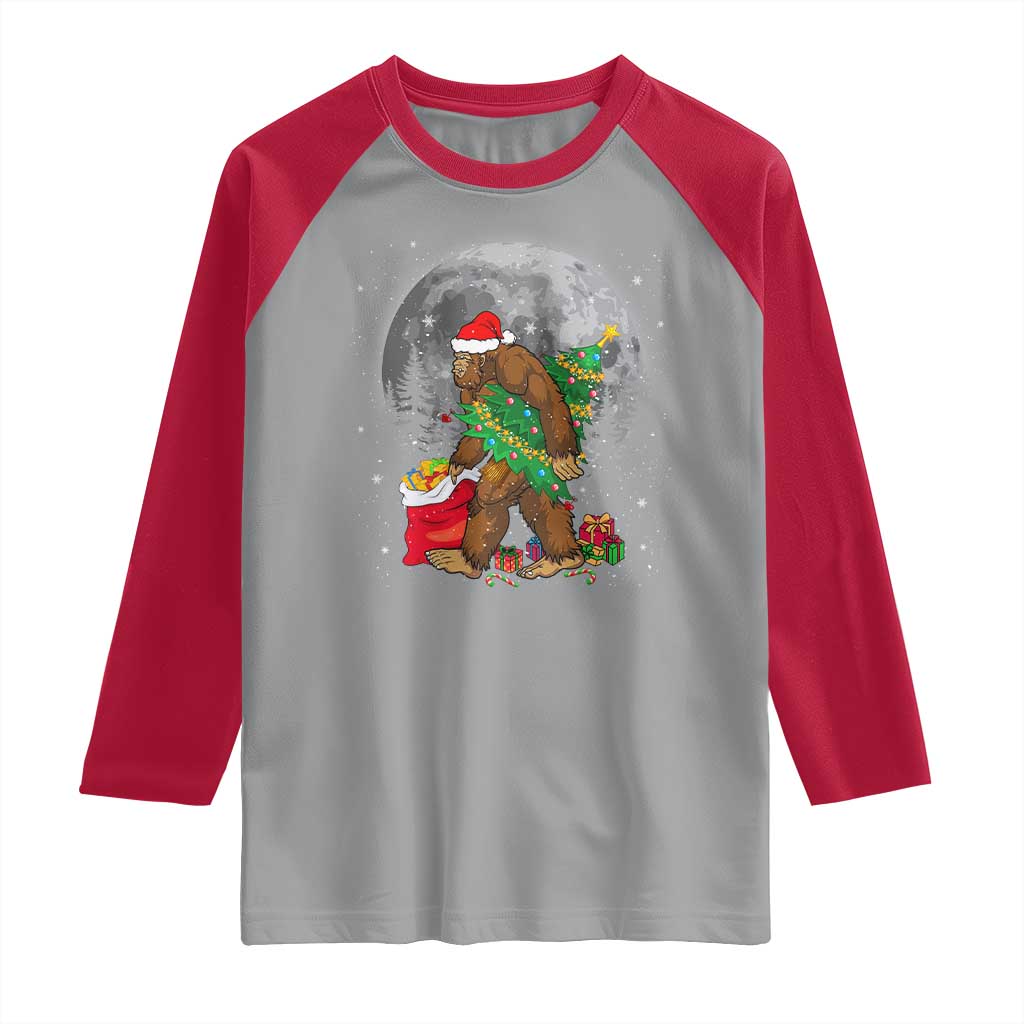 Bigfoot Christmas Tree Lights Raglan Shirt Believe Xmas Sasquatch Lovers Ugly Gift TS10 Sport Gray Red Print Your Wear