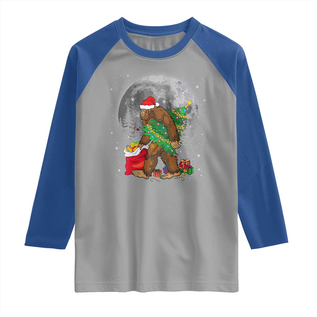 Bigfoot Christmas Tree Lights Raglan Shirt Believe Xmas Sasquatch Lovers Ugly Gift TS10 Sport Gray Royal Print Your Wear