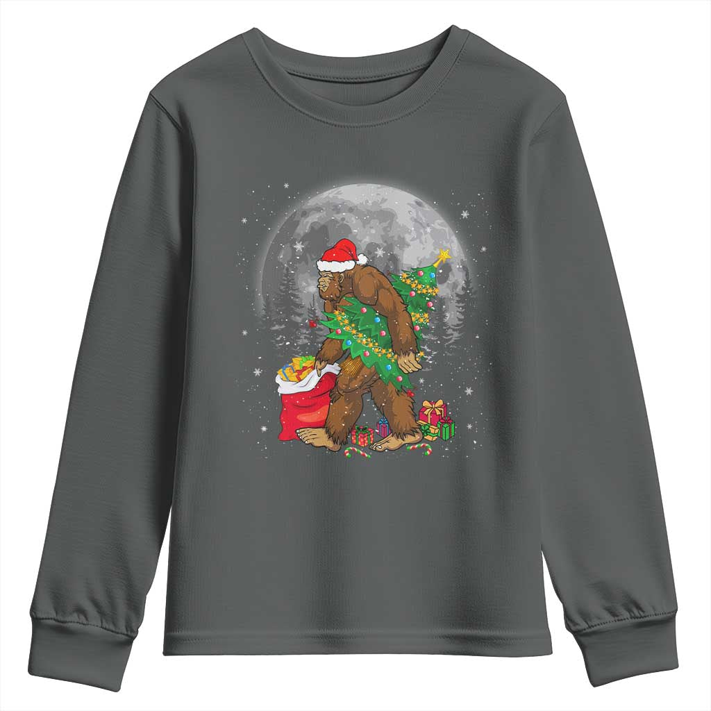 Bigfoot Christmas Tree Lights Youth Sweatshirt Believe Xmas Sasquatch Lovers Ugly Gift TS10 Dark Heather Print Your Wear