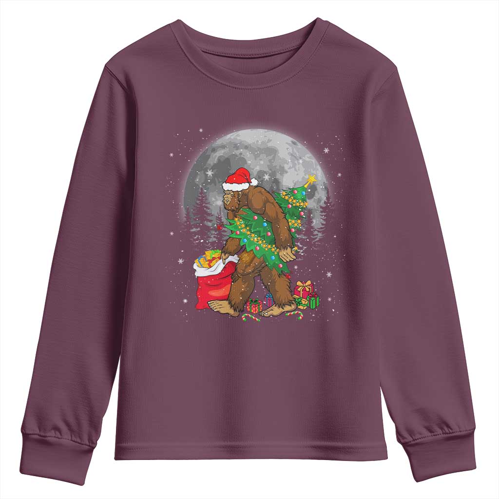 Bigfoot Christmas Tree Lights Youth Sweatshirt Believe Xmas Sasquatch Lovers Ugly Gift TS10 Maroon Print Your Wear