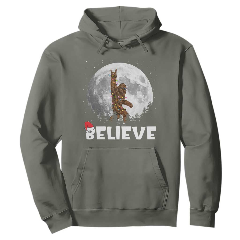 Funny Bigfoot Christmas Hoodie Cool Full Moon & Trees Sasquatch Lovers Xmas Lights TS10 Military Green Print Your Wear