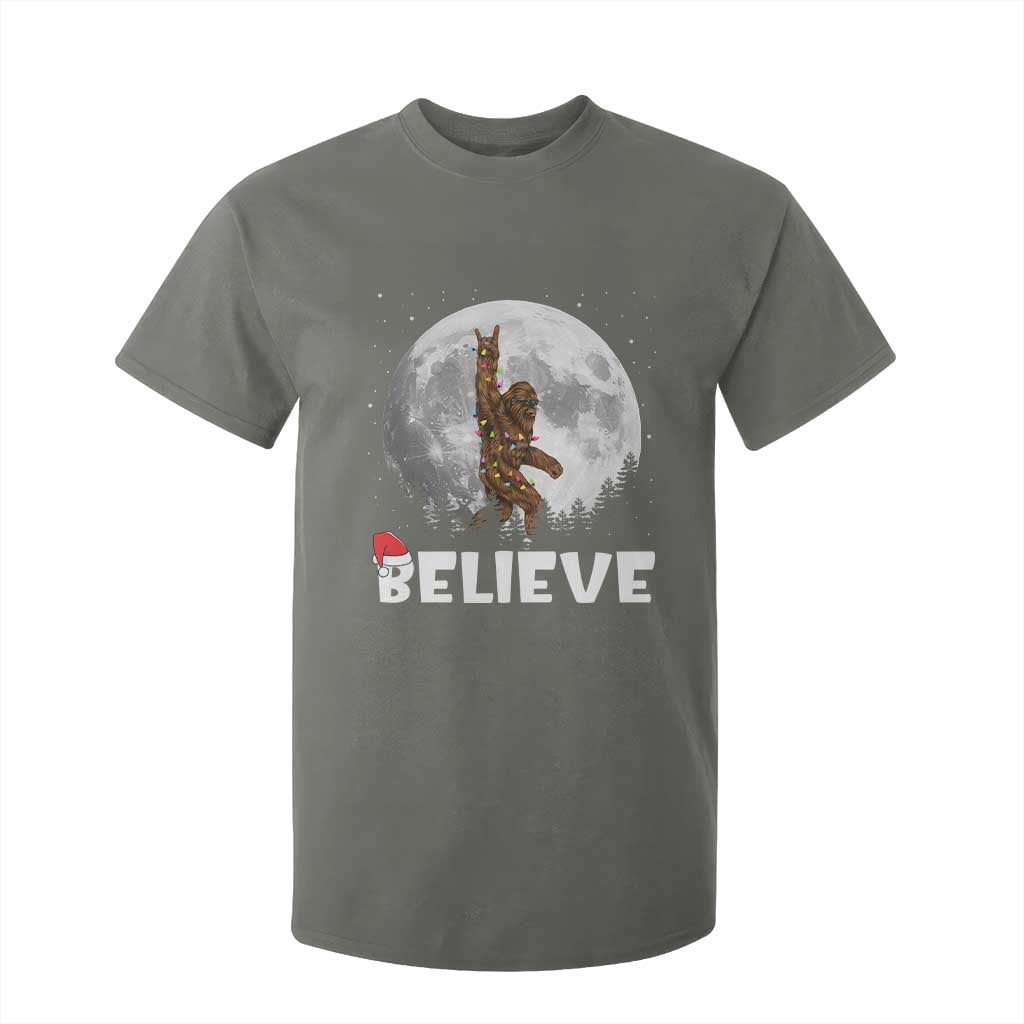 Funny Bigfoot Christmas T Shirt For Kid Cool Full Moon & Trees Sasquatch Lovers Xmas Lights TS10 Military Green Print Your Wear