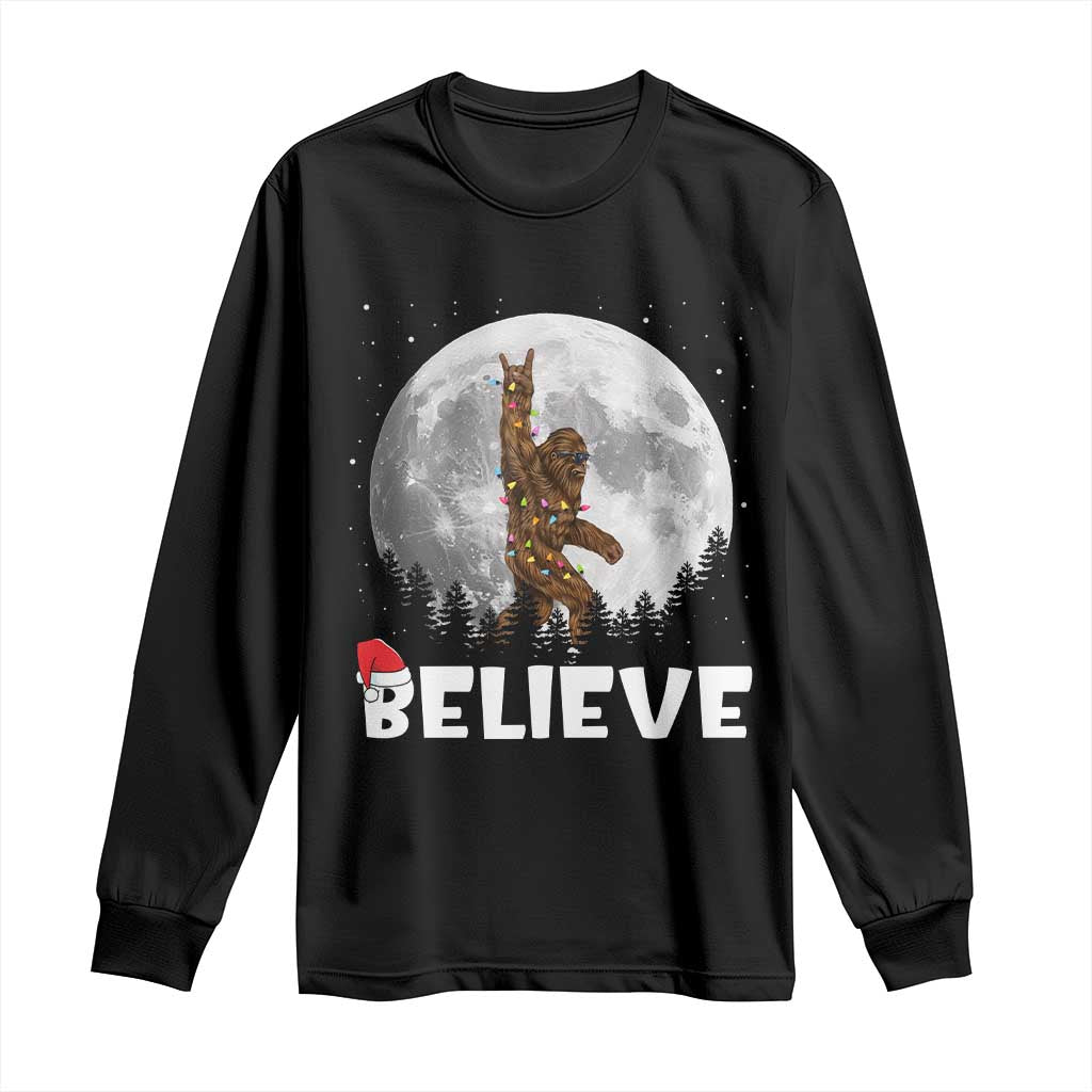 Funny Bigfoot Christmas Long Sleeve Shirt Cool Full Moon & Trees Sasquatch Lovers Xmas Lights TS10 Black Print Your Wear