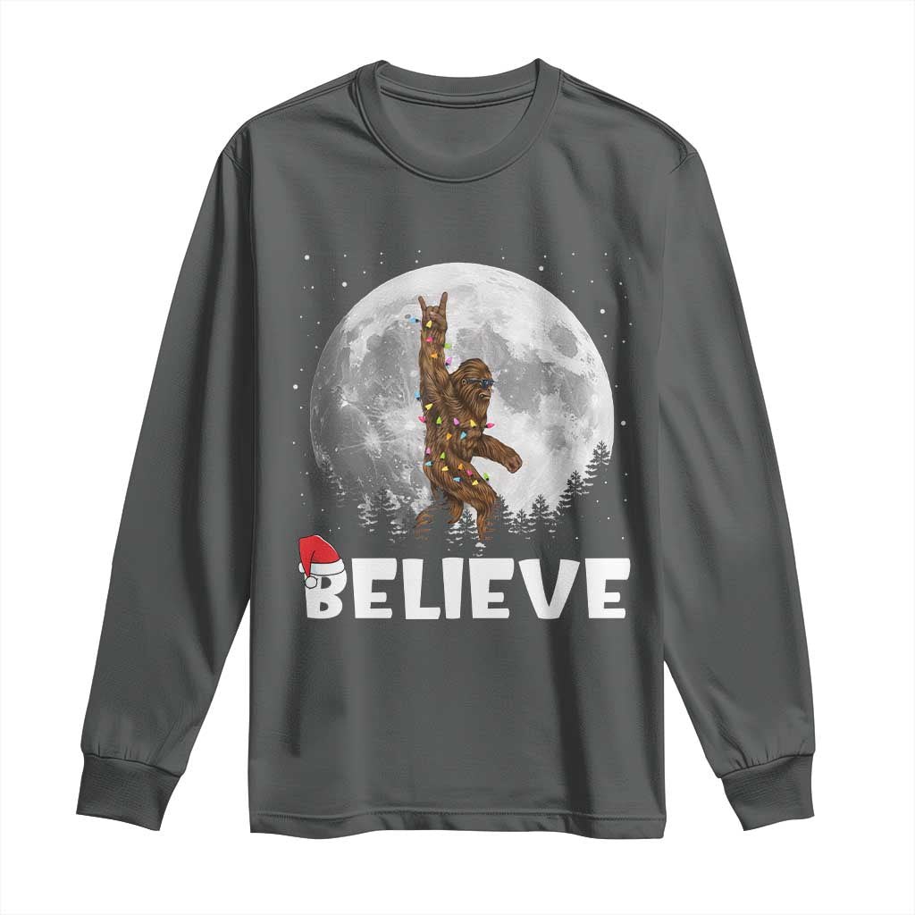 Funny Bigfoot Christmas Long Sleeve Shirt Cool Full Moon & Trees Sasquatch Lovers Xmas Lights TS10 Dark Heather Print Your Wear