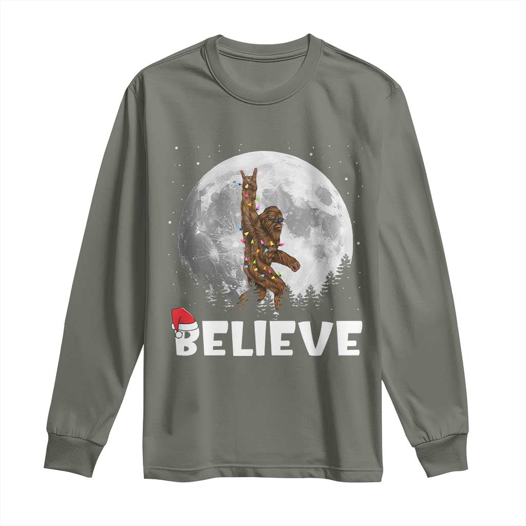 Funny Bigfoot Christmas Long Sleeve Shirt Cool Full Moon & Trees Sasquatch Lovers Xmas Lights TS10 Military Green Print Your Wear