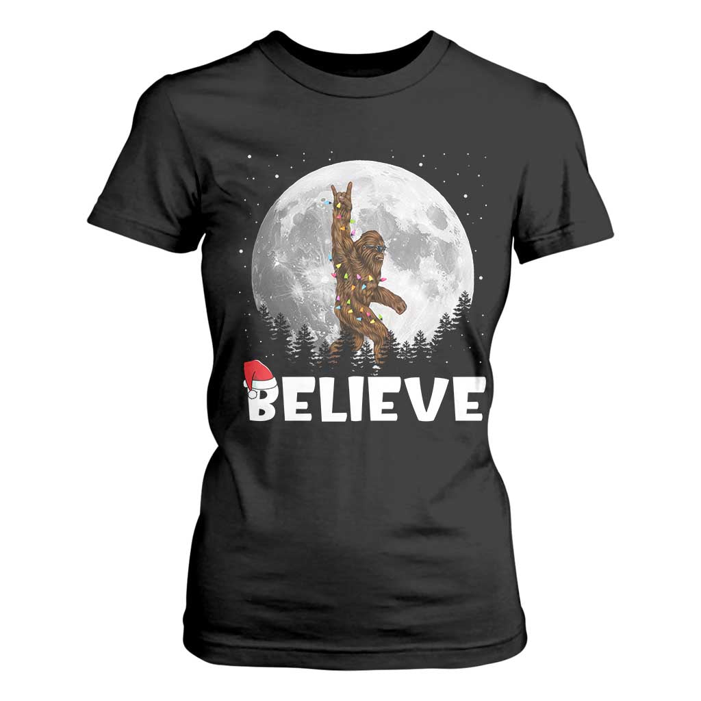 Funny Bigfoot Christmas T Shirt For Women Cool Full Moon & Trees Sasquatch Lovers Xmas Lights TS10 Black Print Your Wear