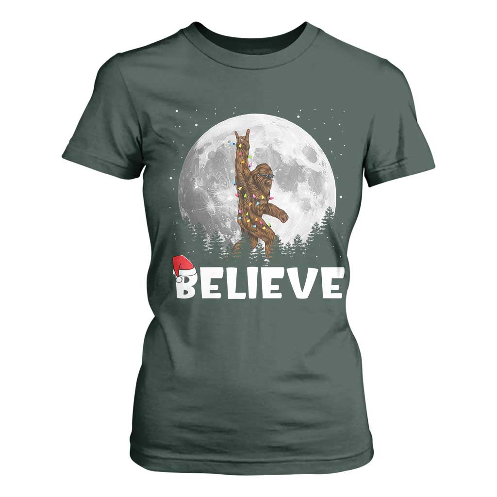 Funny Bigfoot Christmas T Shirt For Women Cool Full Moon & Trees Sasquatch Lovers Xmas Lights TS10 Dark Forest Green Print Your Wear