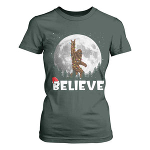 Funny Bigfoot Christmas T Shirt For Women Cool Full Moon & Trees Sasquatch Lovers Xmas Lights TS10 Dark Forest Green Print Your Wear