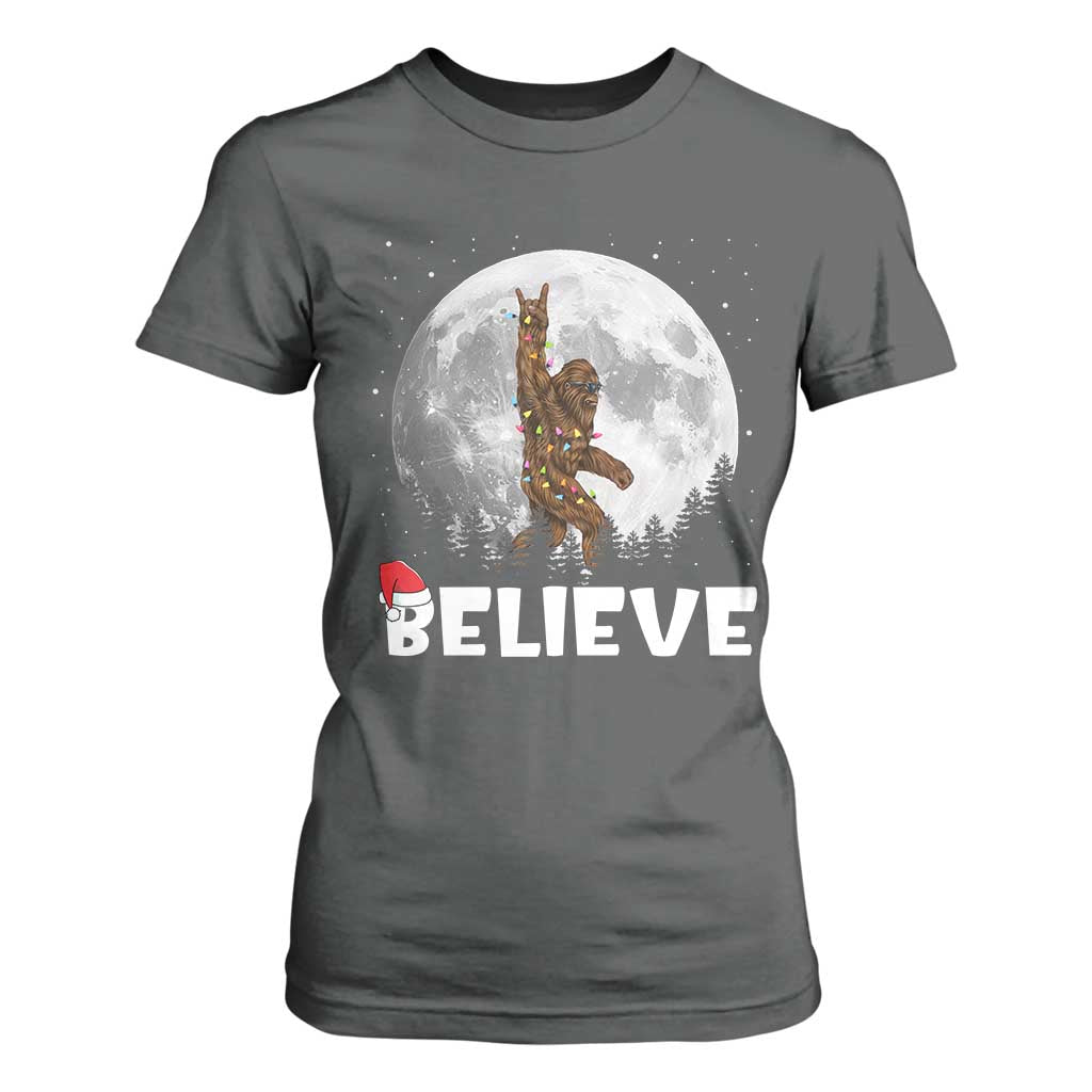 Funny Bigfoot Christmas T Shirt For Women Cool Full Moon & Trees Sasquatch Lovers Xmas Lights TS10 Dark Heather Print Your Wear