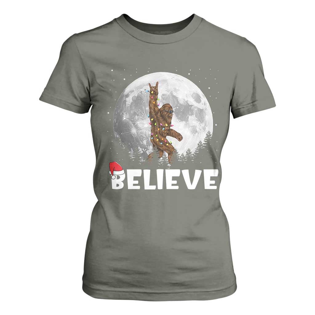 Funny Bigfoot Christmas T Shirt For Women Cool Full Moon & Trees Sasquatch Lovers Xmas Lights TS10 Military Green Print Your Wear