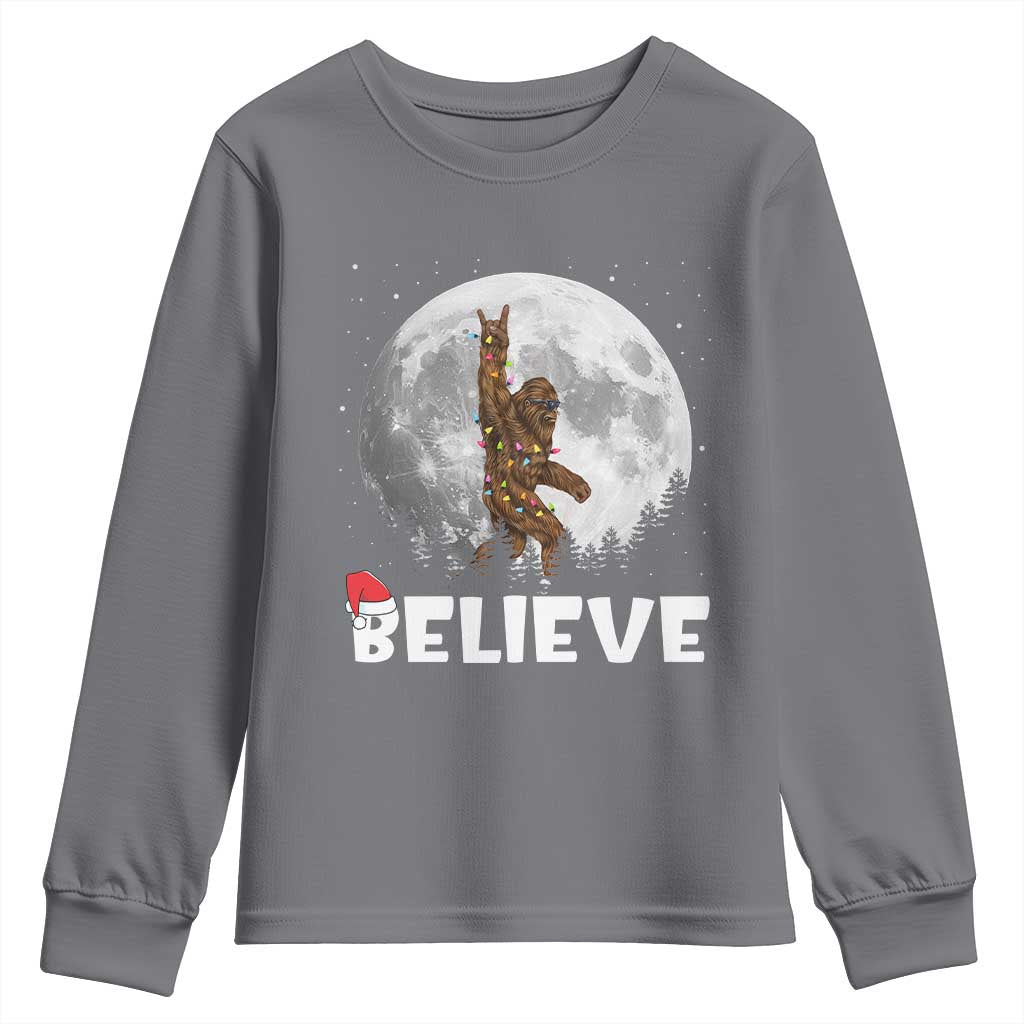 Funny Bigfoot Christmas Youth Sweatshirt Cool Full Moon & Trees Sasquatch Lovers Xmas Lights TS10 Charcoal Print Your Wear