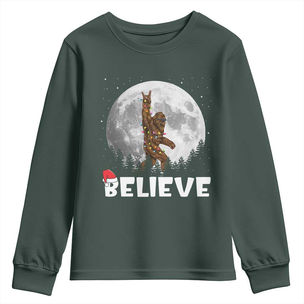 Funny Bigfoot Christmas Youth Sweatshirt Cool Full Moon & Trees Sasquatch Lovers Xmas Lights TS10 Dark Forest Green Print Your Wear