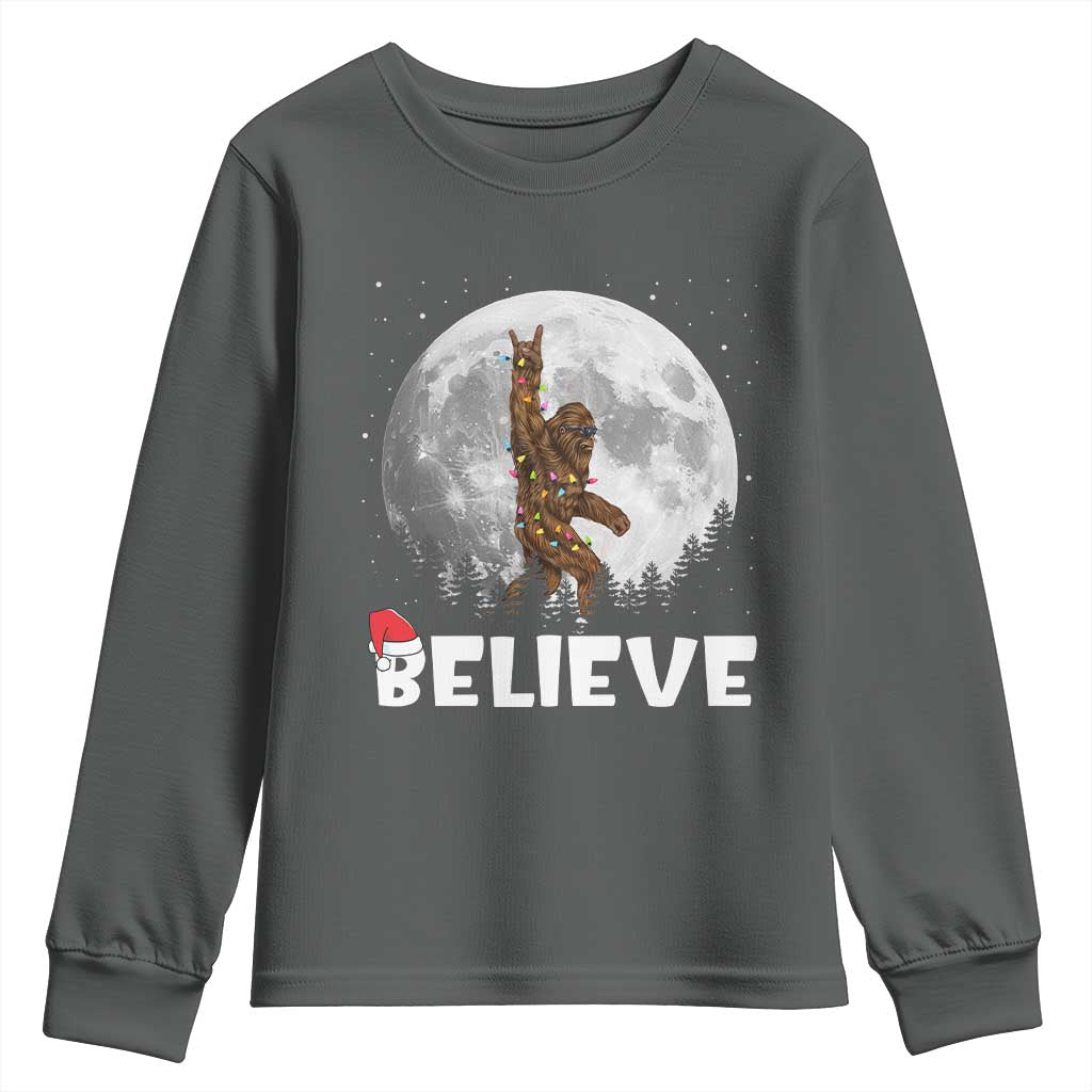 Funny Bigfoot Christmas Youth Sweatshirt Cool Full Moon & Trees Sasquatch Lovers Xmas Lights TS10 Dark Heather Print Your Wear