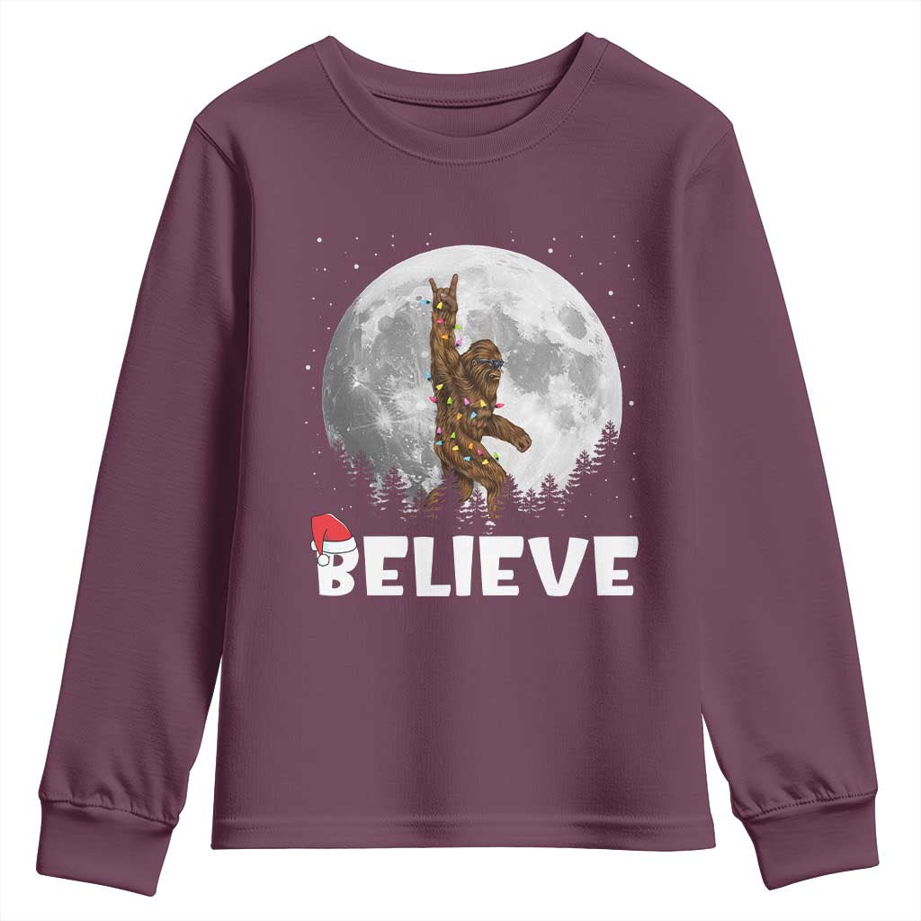 Funny Bigfoot Christmas Youth Sweatshirt Cool Full Moon & Trees Sasquatch Lovers Xmas Lights TS10 Maroon Print Your Wear