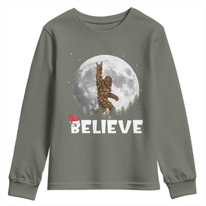 Funny Bigfoot Christmas Youth Sweatshirt Cool Full Moon & Trees Sasquatch Lovers Xmas Lights TS10 Military Green Print Your Wear