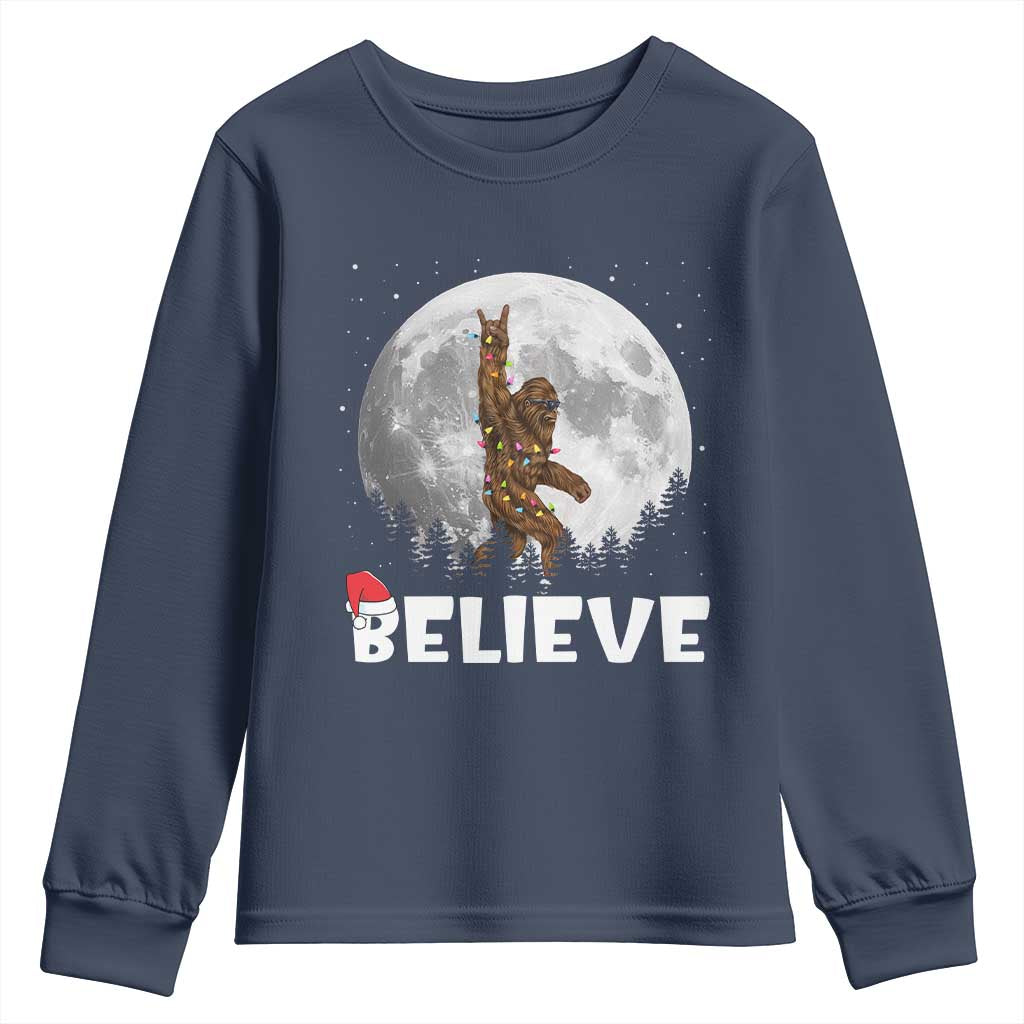Funny Bigfoot Christmas Youth Sweatshirt Cool Full Moon & Trees Sasquatch Lovers Xmas Lights TS10 Navy Print Your Wear