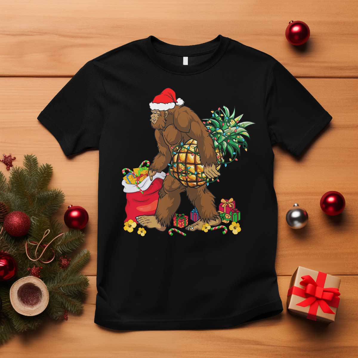 Bigfoot Christmas T Shirt Pineapple Tree Lights Funny Hawaiian Xmas Sasquatch Lovers TS10 Black Print Your Wear
