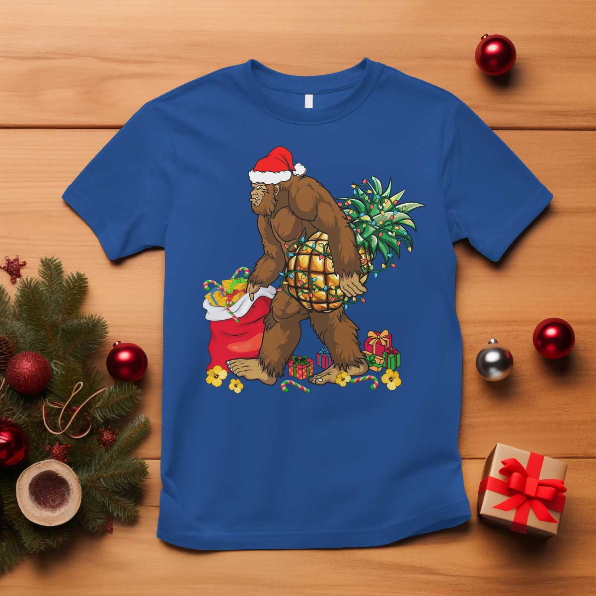 Bigfoot Christmas T Shirt Pineapple Tree Lights Funny Hawaiian Xmas Sasquatch Lovers TS10 Royal Blue Print Your Wear