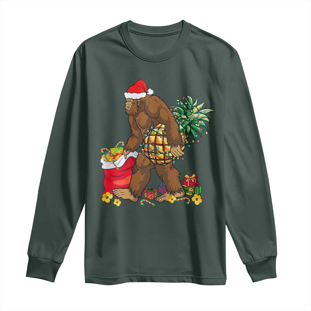 Bigfoot Christmas Long Sleeve Shirt Pineapple Tree Lights Funny Hawaiian Xmas Sasquatch Lovers TS10 Dark Forest Green Print Your Wear