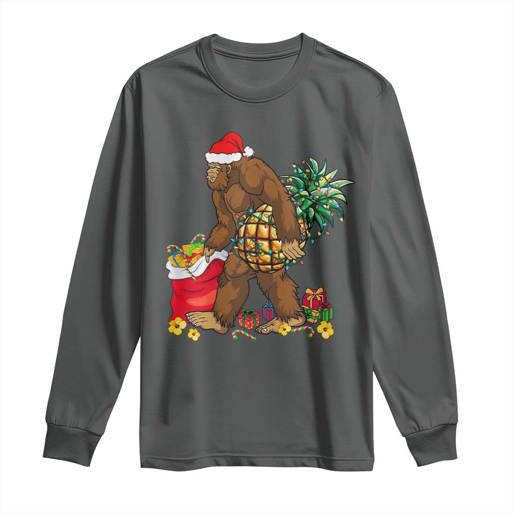 Bigfoot Christmas Long Sleeve Shirt Pineapple Tree Lights Funny Hawaiian Xmas Sasquatch Lovers TS10 Dark Heather Print Your Wear