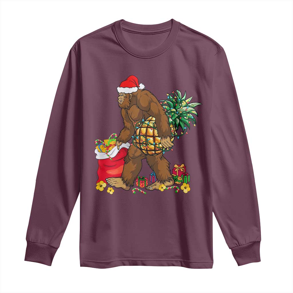 Bigfoot Christmas Long Sleeve Shirt Pineapple Tree Lights Funny Hawaiian Xmas Sasquatch Lovers TS10 Maroon Print Your Wear