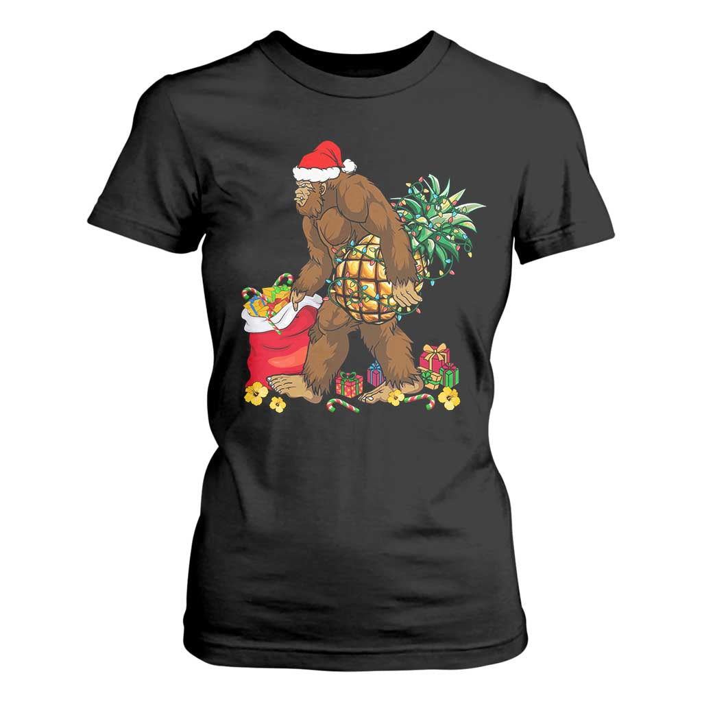 Bigfoot Christmas T Shirt For Women Pineapple Tree Lights Funny Hawaiian Xmas Sasquatch Lovers TS10 Black Print Your Wear