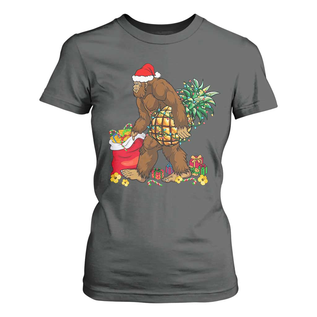 Bigfoot Christmas T Shirt For Women Pineapple Tree Lights Funny Hawaiian Xmas Sasquatch Lovers TS10 Dark Heather Print Your Wear