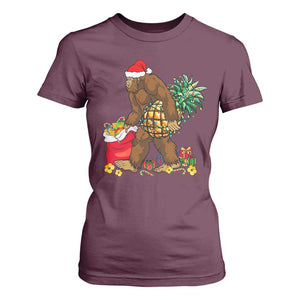 Bigfoot Christmas T Shirt For Women Pineapple Tree Lights Funny Hawaiian Xmas Sasquatch Lovers TS10 Maroon Print Your Wear