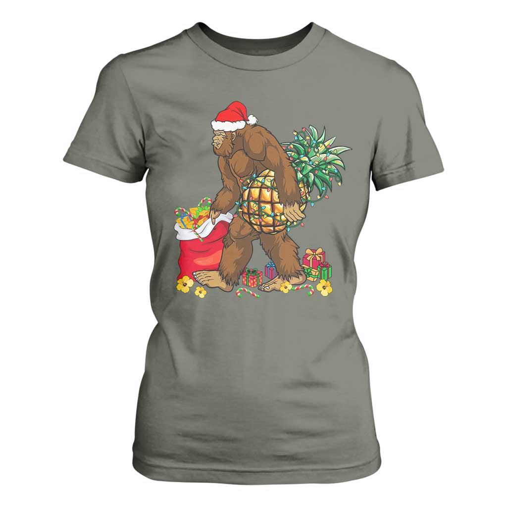 Bigfoot Christmas T Shirt For Women Pineapple Tree Lights Funny Hawaiian Xmas Sasquatch Lovers TS10 Military Green Print Your Wear