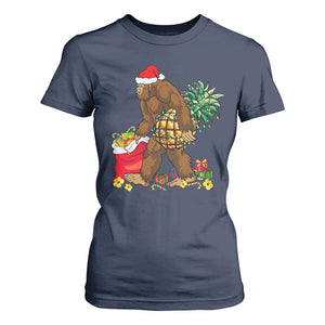Bigfoot Christmas T Shirt For Women Pineapple Tree Lights Funny Hawaiian Xmas Sasquatch Lovers TS10 Navy Print Your Wear