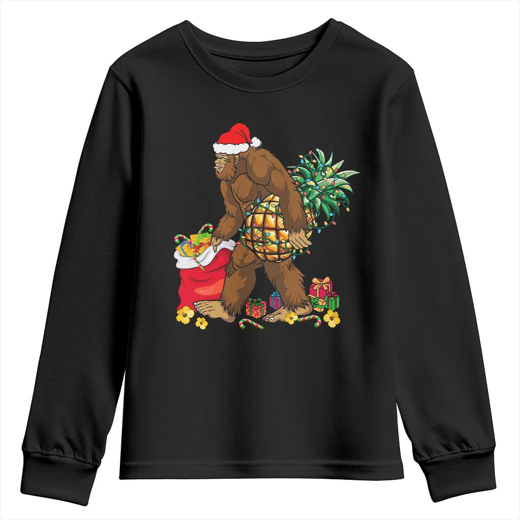 Bigfoot Christmas Youth Sweatshirt Pineapple Tree Lights Funny Hawaiian Xmas Sasquatch Lovers TS10 Black Print Your Wear