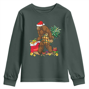 Bigfoot Christmas Youth Sweatshirt Pineapple Tree Lights Funny Hawaiian Xmas Sasquatch Lovers TS10 Dark Forest Green Print Your Wear