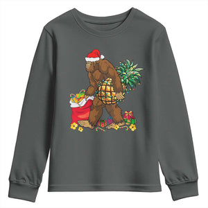 Bigfoot Christmas Youth Sweatshirt Pineapple Tree Lights Funny Hawaiian Xmas Sasquatch Lovers TS10 Dark Heather Print Your Wear