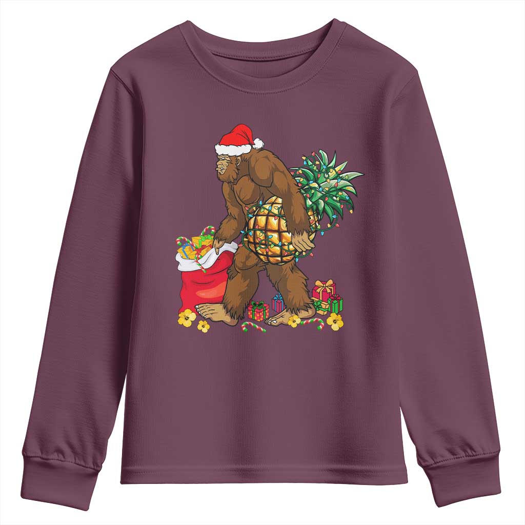 Bigfoot Christmas Youth Sweatshirt Pineapple Tree Lights Funny Hawaiian Xmas Sasquatch Lovers TS10 Maroon Print Your Wear