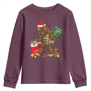 Bigfoot Christmas Youth Sweatshirt Pineapple Tree Lights Funny Hawaiian Xmas Sasquatch Lovers TS10 Maroon Print Your Wear