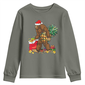 Bigfoot Christmas Youth Sweatshirt Pineapple Tree Lights Funny Hawaiian Xmas Sasquatch Lovers TS10 Military Green Print Your Wear