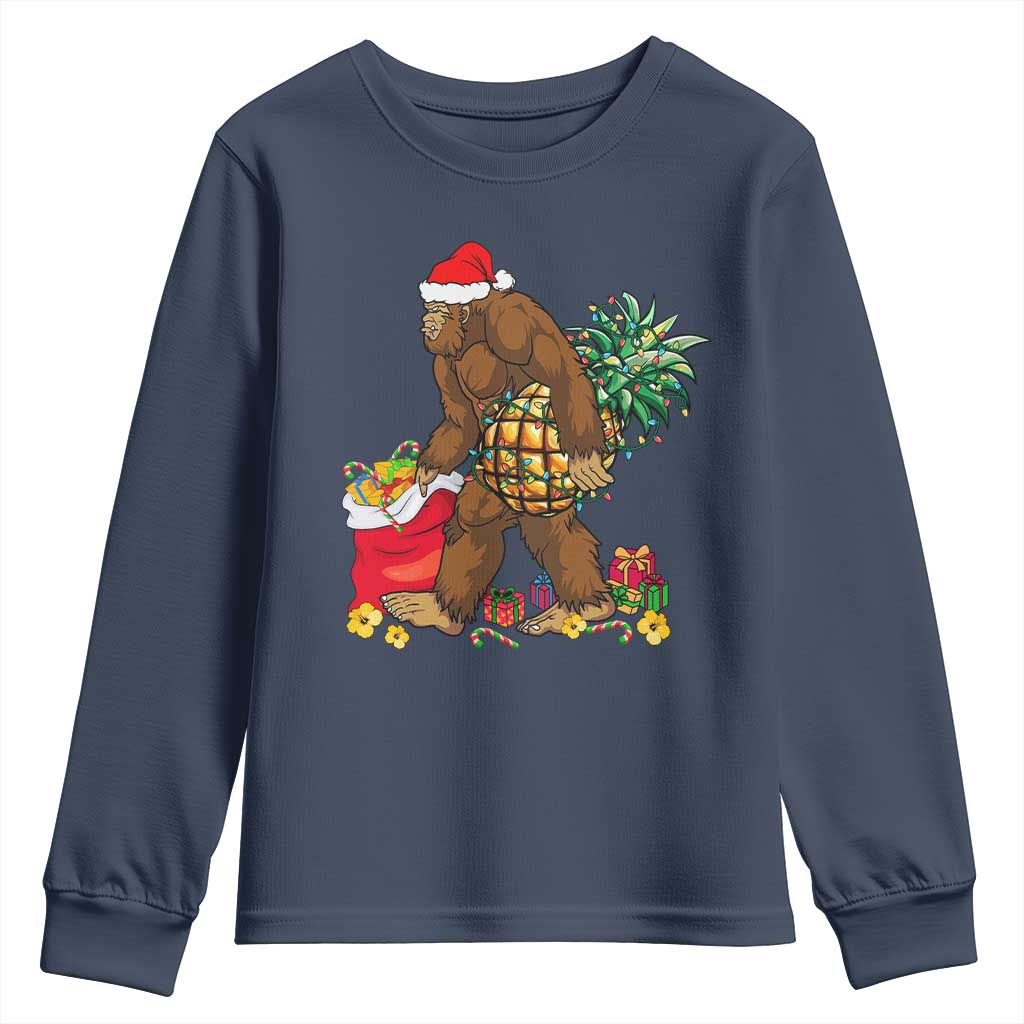 Bigfoot Christmas Youth Sweatshirt Pineapple Tree Lights Funny Hawaiian Xmas Sasquatch Lovers TS10 Navy Print Your Wear