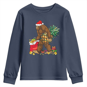 Bigfoot Christmas Youth Sweatshirt Pineapple Tree Lights Funny Hawaiian Xmas Sasquatch Lovers TS10 Navy Print Your Wear