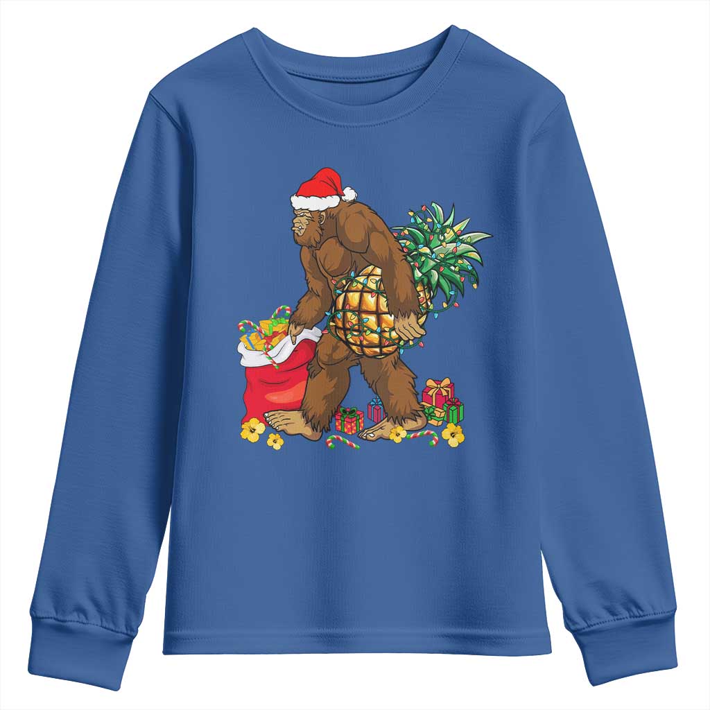 Bigfoot Christmas Youth Sweatshirt Pineapple Tree Lights Funny Hawaiian Xmas Sasquatch Lovers TS10 Royal Blue Print Your Wear