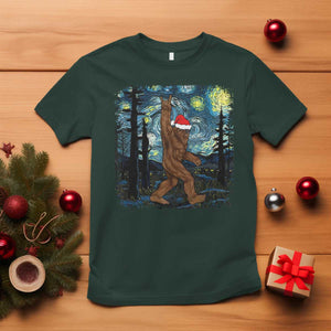 Bigfoot Christmas T Shirt Santa Hat Starry Night Sasquatch Van Gogh TS10 Dark Forest Green Print Your Wear