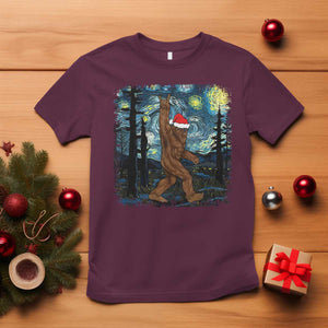 Bigfoot Christmas T Shirt Santa Hat Starry Night Sasquatch Van Gogh TS10 Maroon Print Your Wear