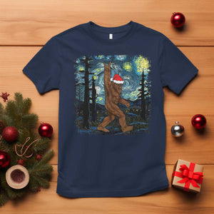 Bigfoot Christmas T Shirt Santa Hat Starry Night Sasquatch Van Gogh TS10 Navy Print Your Wear