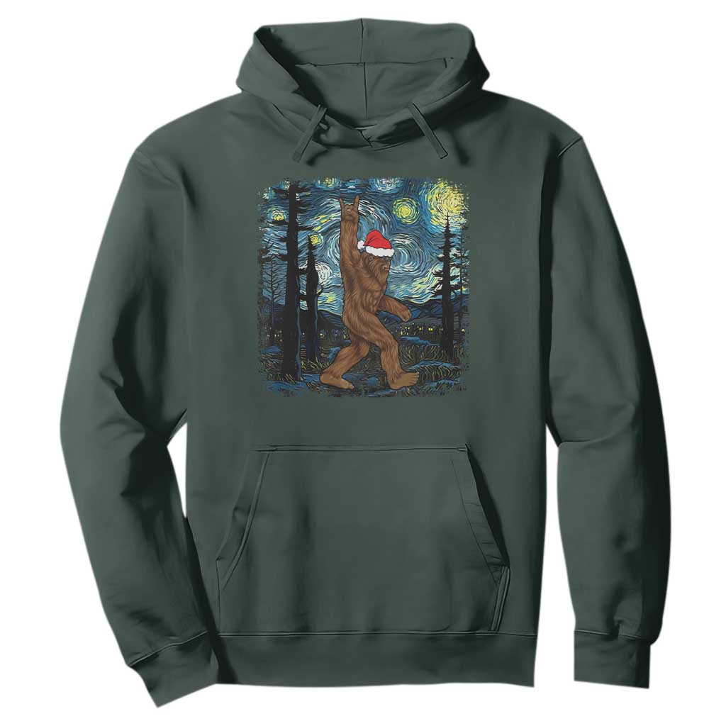 Christmas Bigfoot Starry Night Hoodie Sasquatch Santa Hat Sasquatch Van Gogh Sky Painting Art TS10 Dark Forest Green Print Your Wear